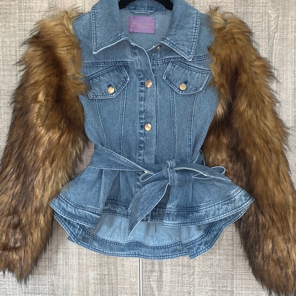 AZALEA WANG PORTUGAL DENIM FAUX FUR ARM JACKET - Picture 9 of 13